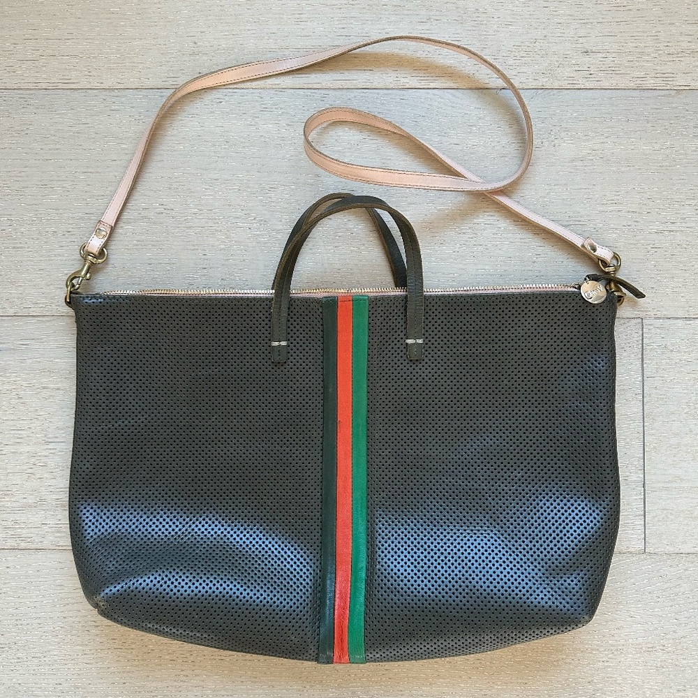 Clare V Zip Tote in Green with Red and Green Stripes and Pink Zipper and Strap